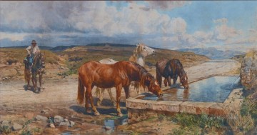 Horses drinking from a stone trough Enrico Coleman genre Oil Paintings